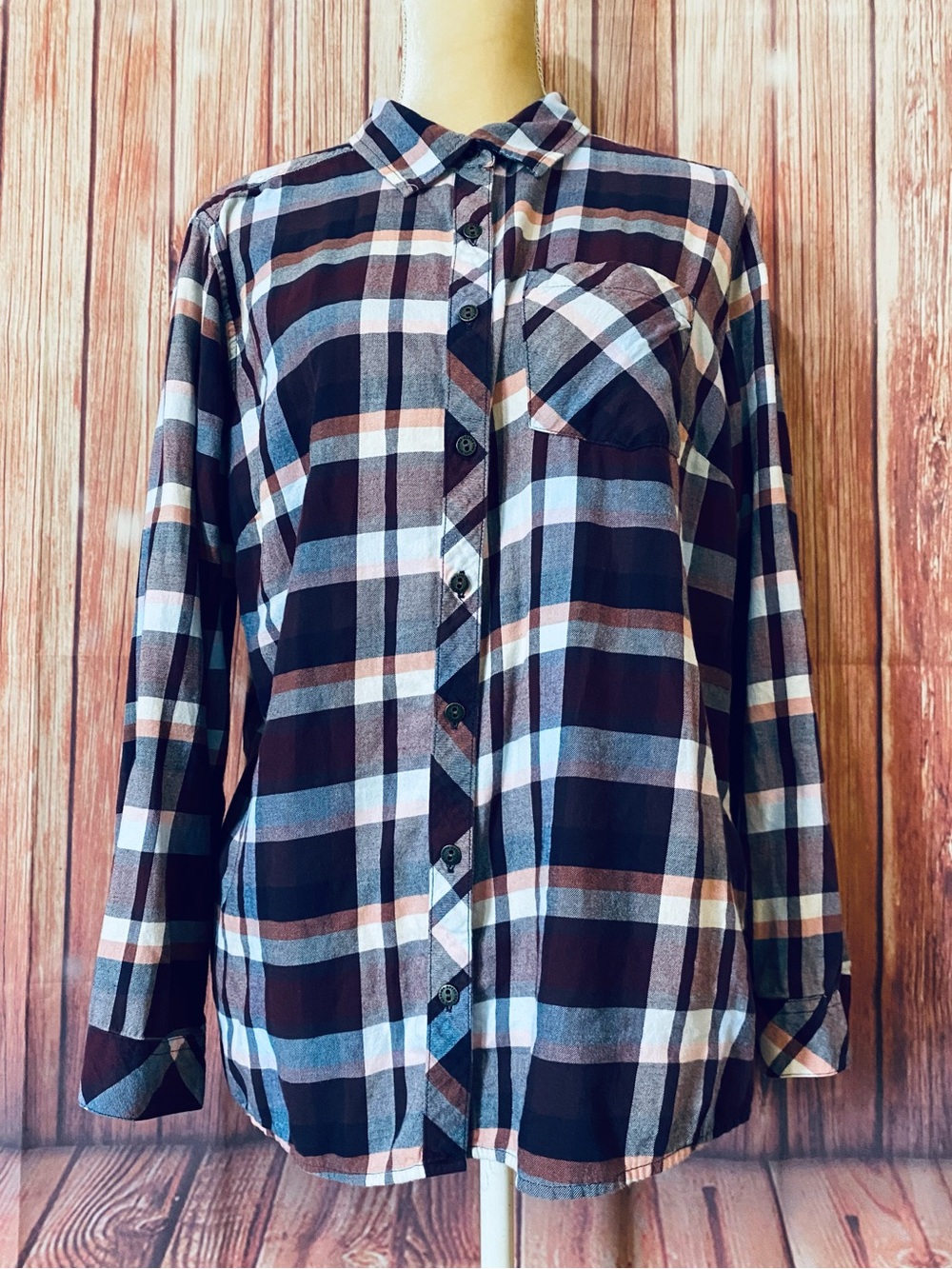 Women’s XL Blouse Sonoma Button Down Long Sleeves Multicolored Plaid 100% Cotton